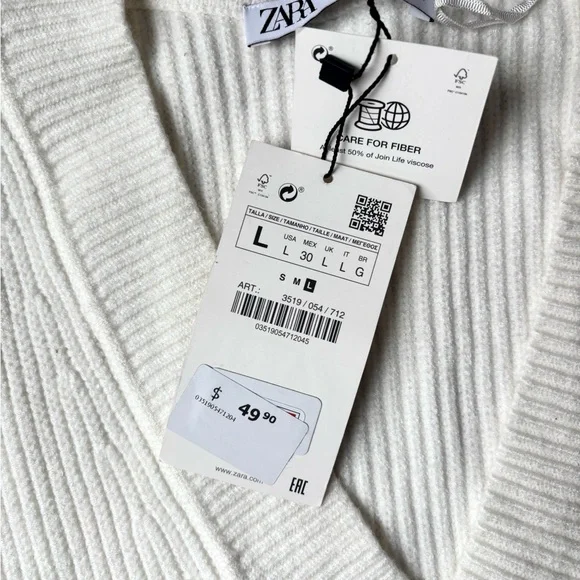 Zara Cream Ribbed V-Neck Top - Picture 3 of 4